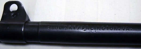 detail, M1 carbine barrel importer's mark: BLUE SKY / ARLINGTON, VA.